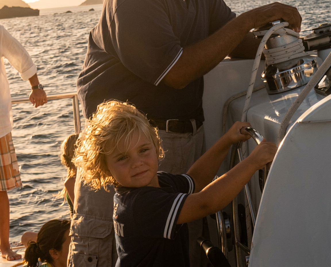 Young boater at the helm during a Captain Jack Charter at sunset